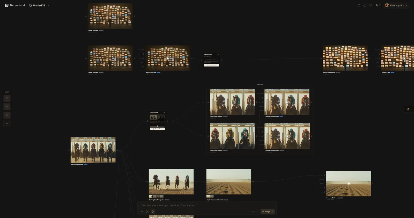 StoryNote canvas with multiple element nodes wired to output nodes with rendered images