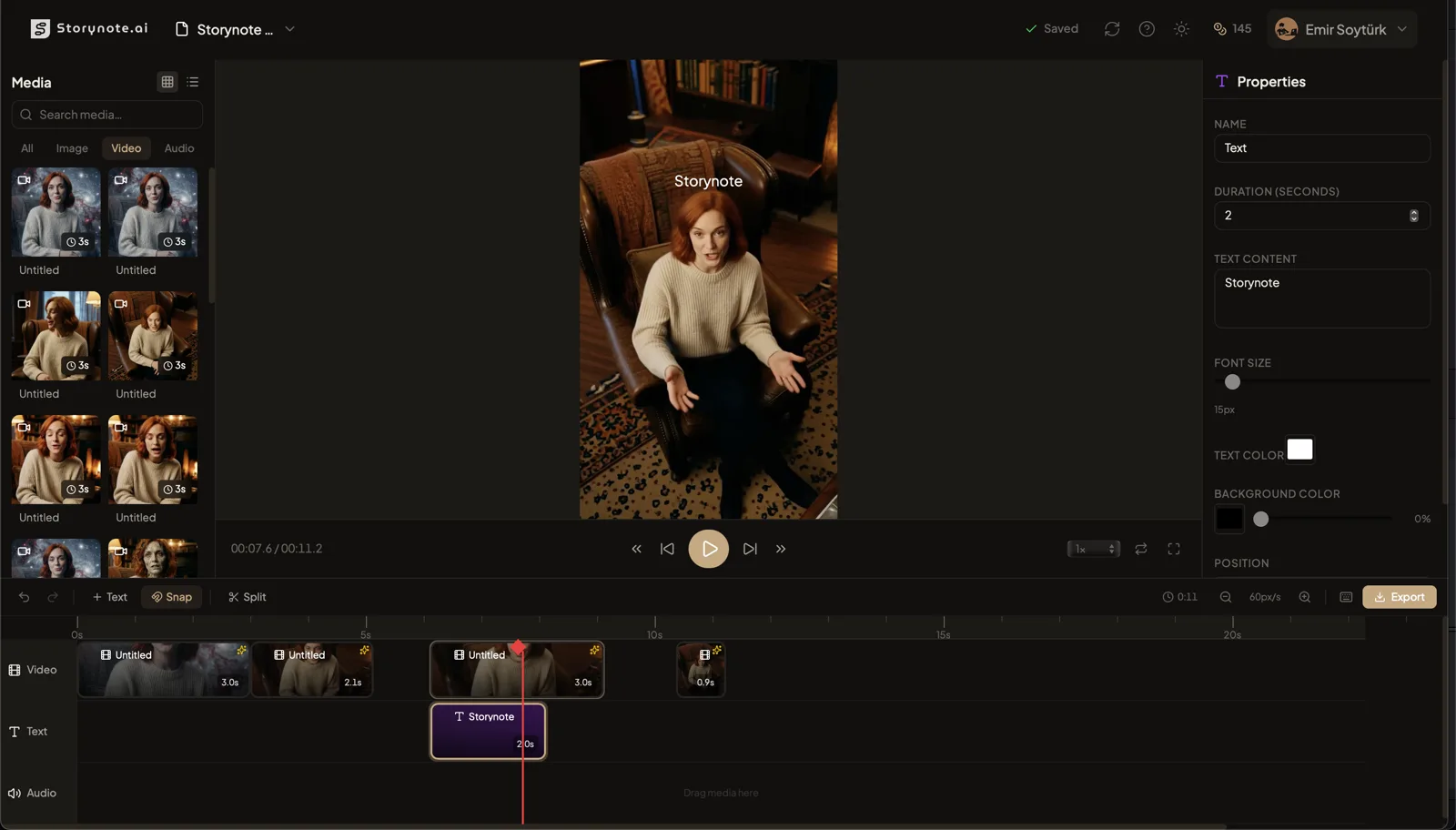 The StoryNote timeline editor with media bin on the left, preview player in the center, and timeline tracks at the bottom